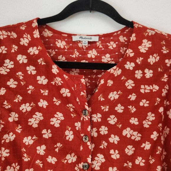 Madewell Puff Sleeve Floral Blouse Popover Top Happy Hibiscus Coral Shirt S - Picture 4 of 11